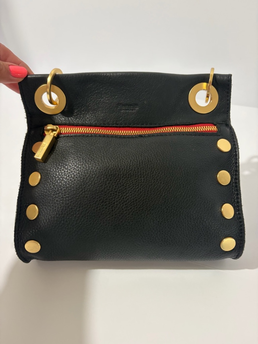 Hammitt Tony Sml Black Leather Crossbody with Gold Hardware and Red Zip
